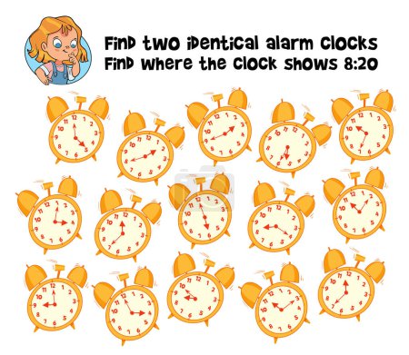 Ilustración de Find 2 same objects. Find two identical alarm clocks. Educational game for children. Choose correct answer. Colorful cartoon characters. Funny vector illustration. Isolated on white background - Imagen libre de derechos