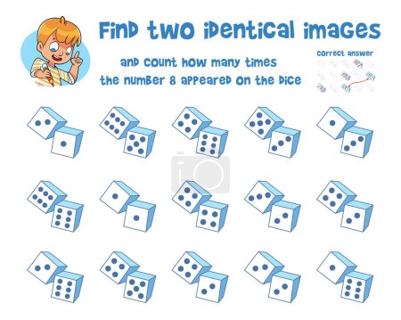 Finden Sie zwei identische Bilder. Zählen Sie, wie oft die Zahl 8 auf den Würfeln erschien. Finden Sie 2 gleiche Objekte. Lernspiel für Kinder. Wählen Sie die richtige Antwort. Lustige Vektorillustration