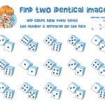 Find two identical images. Count how many times the number 8 appeared on the dice. Find 2 same objects. Educational game for children. Choose correct answer. Funny vector illustration