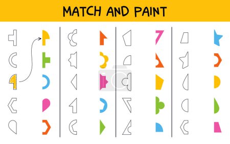 Match and paint game. Find other half of geometric figure. Logic puzzle with geometric shapes. Matching game. Educational game for children. Colorful vector illustration. Isolated on white background