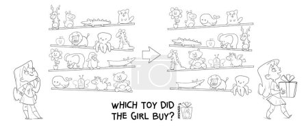 Finden Sie die Unterschiede Puzzle-Spiel. Welches Spielzeug hat das Mädchen gekauft? Finden Sie versteckte Objekte im Bild. Puzzle versteckte Gegenstände. Lernspiel für Kinder. Malbuch. Zeichentrickfigur