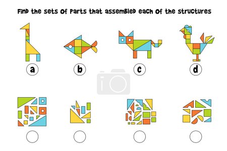 Finden Sie die Teile, die die einzelnen Strukturen zusammengesetzt haben. Passendes Spiel. Lernspiel für Kinder. Bunte Vektorillustration. Isoliert auf weißem Hintergrund