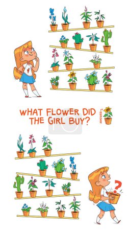 Illustration for Find the differences puzzle game. What flower did the girl buy. Find hidden objects in the picture. Puzzle Hidden Items. Educational game for children. Colorful cartoon characters. Funny illustration - Royalty Free Image