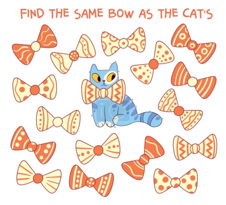 Illustration for Find the same bow as the cats. Find two identical bows. Find 2 same objects. Educational game for children. Choose correct answer. Cartoon characters. Funny vector illustration. Isolated background - Royalty Free Image
