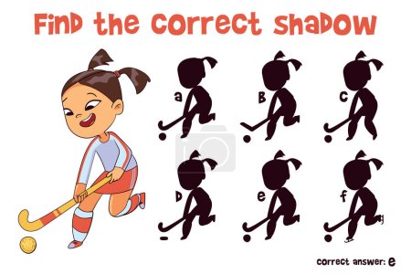 Photo for Find the correct shadow. Field hockey. Educational game for children. Choose correct answer. Matching game. Colorful cartoon characters. Funny vector illustration. Isolated on white background - Royalty Free Image