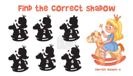 Illustration for Find the correct shadow. Girl riding wooden rocking horse. Educational game for children. Choose correct answer. Matching game. Cartoon characters. Funny vector illustration. Isolated white background - Royalty Free Image