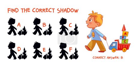 Find the correct shadow. Boy with a toy truck. Educational game for children. Choose correct answer. Matching game. Colorful cartoon characters. Funny vector illustration. Isolated on white background