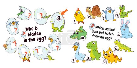 Who is hidden in the egg. Which animal does not hatch from an egg. Puzzle Hidden Items. Matching game. Educational game for children. Colorful cartoon characters. Funny vector illustration. Set