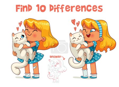 Illustration for Little girl hugs kitty cat. Find 10 differences. Matching game. Educational game for children. Attention task. Colorful cartoon characters. Funny vector illustration. Isolated on white background - Royalty Free Image