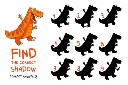 Find the correct shadow. Tyrannosaurus. Educational game for children. Choose correct answer. Matching game. Colorful cartoon characters. Funny vector illustration. Isolated on white background