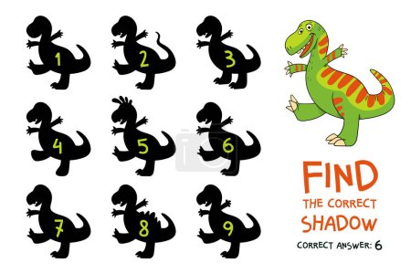 Illustration for Find the correct shadow. Velociraptor. Educational game for children. Choose correct answer. Matching game. Colorful cartoon characters. Funny vector illustration. Isolated on white background - Royalty Free Image