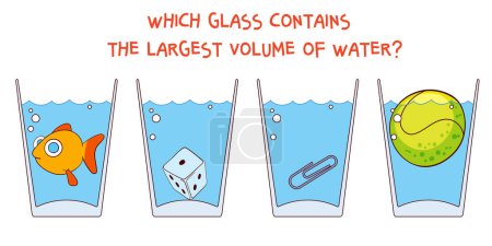Téléchargez les illustrations : Quel verre contient le plus grand volume d'eau. Jeu éducatif pour les enfants. Choisissez la bonne réponse. Jeu de logique. Personnages de bande dessinée. Illustration vectorielle drôle. Isolé sur fond blanc - en licence libre de droit