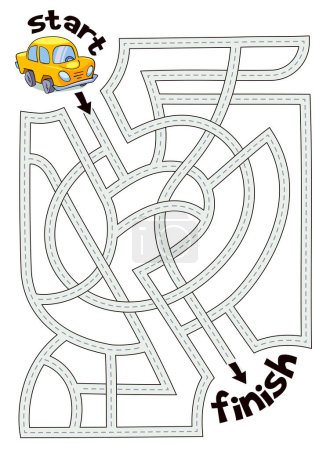 Illustration for Children logic game to pass the maze. Car is on its way to finish line. Educational game for kids. Attention task. Choose the right way. Cartoon character. Vector illustration. Isolated on white - Royalty Free Image