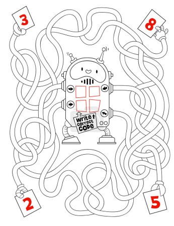 Maze for children. Logic game for kids with cute robot. Educational game for kids. Attention task. Choose right path. Funny cartoon character. Coloring book. Worksheet page. Vector illustration