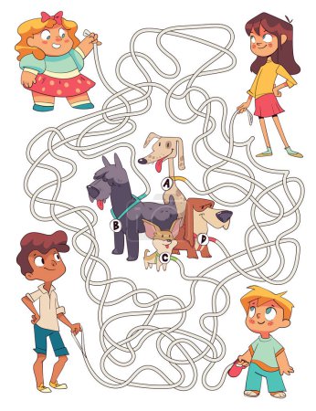 Maze for children. Dog leashes tangled. Kids walking their dogs. Educational game for kids. Attention task. Choose right path. Funny cartoon character. Worksheet page. Vector illustration