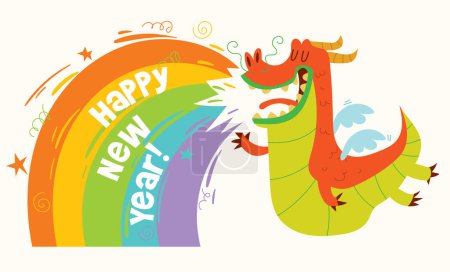 Año del dragón. Feliz Año Nuevo. Dragón arroja arcoíris. Colorido personaje de dibujos animados. Divertida ilustración vectorial. Aislado sobre fondo blanco