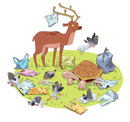 Tierökologisches Problem. Tiere umgeben von Müll und Plastiktüten. Cartoon-Stil. Bunte Zeichentrickfigur. Lustige Vektorillustration. Isoliert auf weißem Hintergrund