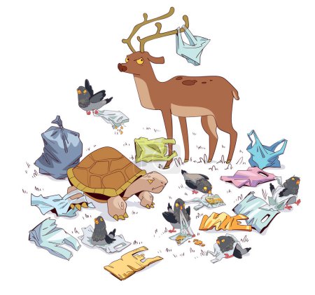 Illustration for Ecology Problem. Animals are out in the wild in a polluted environment. Colorful cartoon character. Funny vector illustration. Isolated on white background - Royalty Free Image