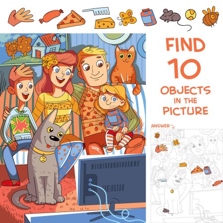 Finden Sie 10 versteckte Objekte im Bild. Die Familie schaut zusammen fern. Unterhaltung zu Hause. Puzzle versteckte Gegenstände. Bunte Zeichentrickfigur. Lustige Vektorillustration