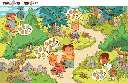 Egg Hunt. Help the children find the Easter eggs hidden in the meadow. Find the 10 hidden bunnies in the picture. Puzzle hidden items. Colorful cartoon character. Funny vector illustration