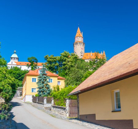 Photo for Famous medieval castle Bouzov, Czech Republic. National landmark built in 14 century. Famous tourist destination. Summer weather, blue sky. - Royalty Free Image