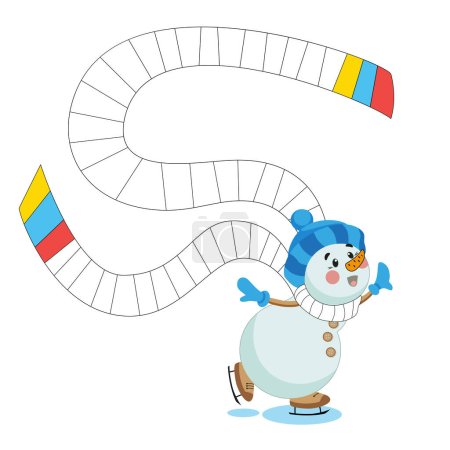 Illustration for Educational cards for young children. Coloring book, logical game. Cute, funny snowman, color the scarf according to the picture. Winter series of games for children. kindergarten, preschool - Royalty Free Image
