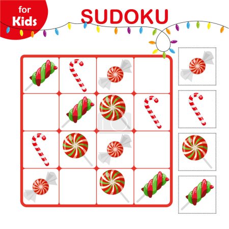 Téléchargez les illustrations : Sudoku. mini-jeux pour enfants. Jeu de mémoire pour enfants. Bonbons de Noël et du Nouvel An pour anniversaire, Pâques, Halloween. Guimauves, sucettes, Ensemble d'icônes et d'éléments pour le design. séries vacances. - en licence libre de droit