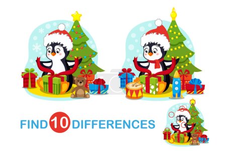 Téléchargez les illustrations : Mini jeux pour enfants. Ensemble de Noël. Trouvez 10 différences dans l'image. Un joli pingouin ouvre un cadeau la veille de Noël. Arbre de Noël et cadeaux. Jeux pour l'attention, mémoire pour les enfants - en licence libre de droit