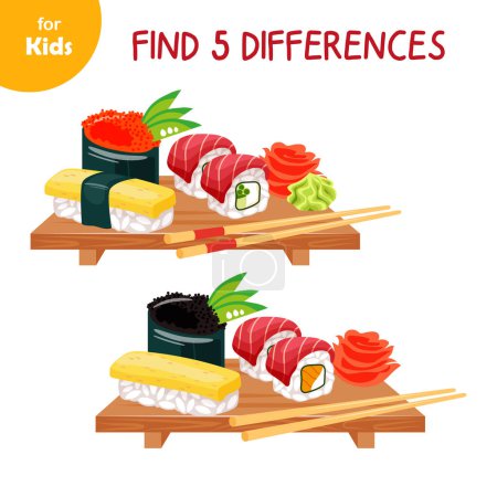 Find 5 differences. Developing, educational game for children. Cartoon vector illustration. Plates with sushi in cartoon style. Asian food series. Japanese food, traditions, culture.