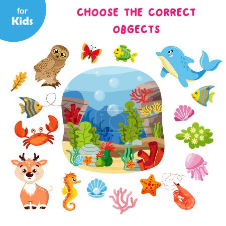Illustration for Mini Games For Kids. Choose An Animal That Lives In The Water. Find The Right Character. Recognition Skills By Matching Pictures. They Learn About Sea Creatures, The Marine Environment. Marine Series - Royalty Free Image