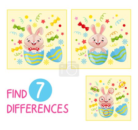 Spot The 7 Easter Bunny Differences, Fun, Addictive Game For Kids. Players Must Find The Differences Between Two Pictures Of Cute Easter Bunny. Logic, Puzzle. Workbook For Preschoolers, Activity Book