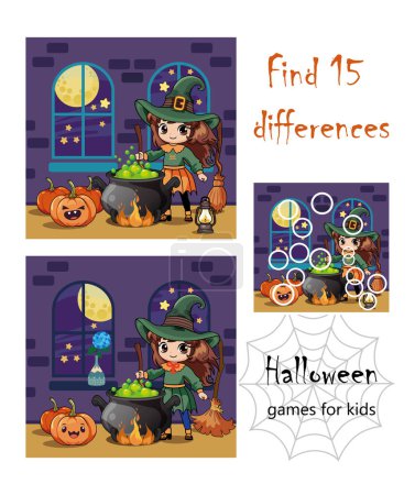 halloween set, puzzle for children. Illustration, find 15 differences. A cute little witch is brewing a potion in a pot in castle. The development of logic and attention in preschoolers. Print Ready