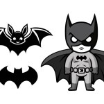 Set with a silhouette of a bat and a hero Batman. Black and white graphics on a white background. Simple drawing, logo.