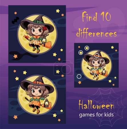 Halloween set, puzzle for children. Illustration, find 10 differences. A cute little witch flies on a broomstick at night. The development of logic and attention in preschoolers. Ready to print