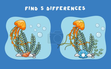 Ilustración de Mini juegos para niños. niños en edad preescolar. Encuentra 5 diferencias. Imagen con medusas y algas. Tareas lógicas para niños en edad preescolar. Juegos 3-4 años. - Imagen libre de derechos
