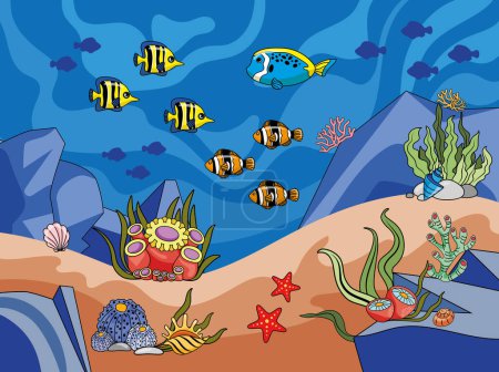 Escena mundial submarina, fondo marino de fondo de vida marina. Submarino con corales y algas marinas, fondo marino, ilustración vectorial del fondo marino