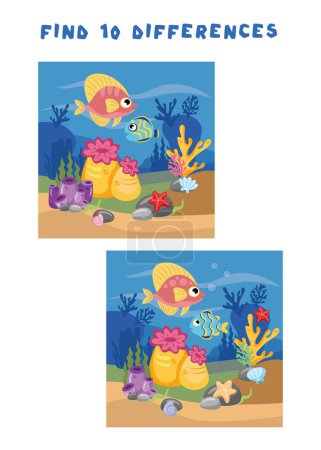 Mini juegos para niños. niños en edad preescolar. Encuentra 5 diferencias. Imagen con peces y anémonas.Tareas lógicas para niños en edad preescolar. Juegos 3-4 años.