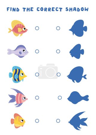 Ilustración de Mini-juegos para niños. encontrar la sombra de los peces, conectar los peces con su sombra. juegos lógicos simples para niños en edad preescolar. - Imagen libre de derechos