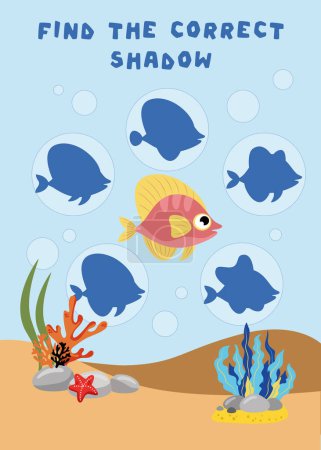Mini games for children. preschoolers. Find the right shadow. Photo with cartoon fish. Games 3-4 years. Mini games for children. preschoolers. Development of logic in children.