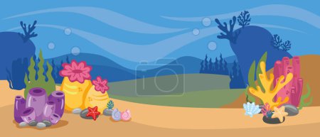 Illustration for Banner with empty copy insert. Underwater bottom with coral, seaweed, Illustration of the seabed Undersea with corals and seaweed, sea bottom, seabed, illustration with copy space - Royalty Free Image