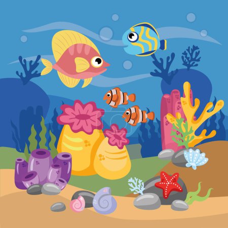 Unterwasserwelt Szene, Meeresboden Meereslebewesen Hintergrund. Unterwasser mit Korallen und Algen, Meeresboden, Meeresboden, Illustration