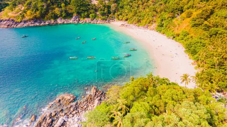 Photo for Paradise beach Phuket Patong. aerial top view amazing freedom beach small white sand beach with perfect nature. white wave hit the rock around island. green forest peaceful. green sea, landscape. - Royalty Free Image