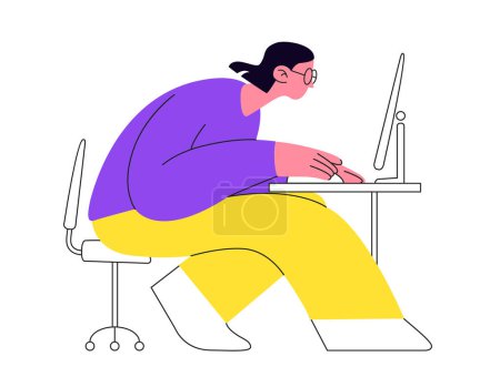 Téléchargez les illustrations : Illustration vectorielle d'une femme travaillant à l'ordinateur. Concentration profonde et concentration fille sur la tâche de travail. L'image est parfaite pour les projets liés à l'environnement de travail, à la concentration et à la productivité. - en licence libre de droit
