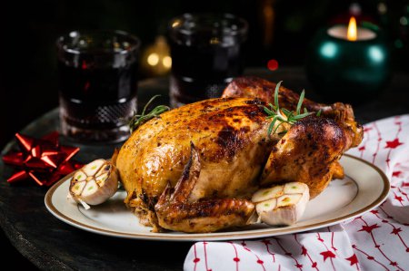 Téléchargez les photos : Dinde rôtie. Table de Noël servie avec poulet, décorée avec décor de Noël et bougies. Poulet rôti, table. Le dîner de Noël. Dîner du Nouvel An - en image libre de droit