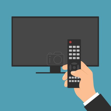Ilustración de A male hand holds a remote control for TV, television set or a monitor and press a button - vector on a green background - Imagen libre de derechos
