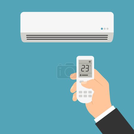 Illustrazione per Male manager's hand holds air conditioner remote control and adjusts room temperature - vector with green background - Immagini Royalty Free