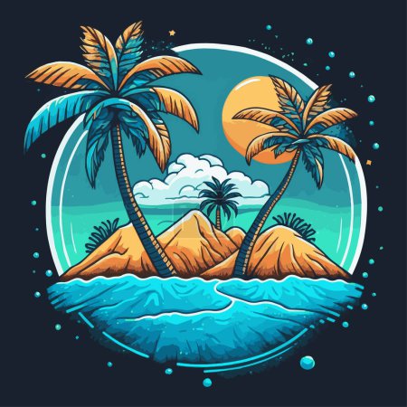 Tropical Island Palms Logo Beach Travel Retro Postal Sea Sand Ocean Vacaciones de verano Puesta del sol