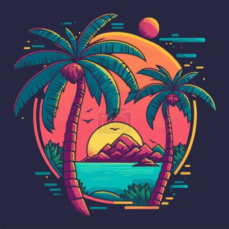 Téléchargez les illustrations : Tropical Island Palms Logo Beach Travel Carte postale Rétro Mer Sable Océan Vacances d'été Coucher de soleil - en licence libre de droit