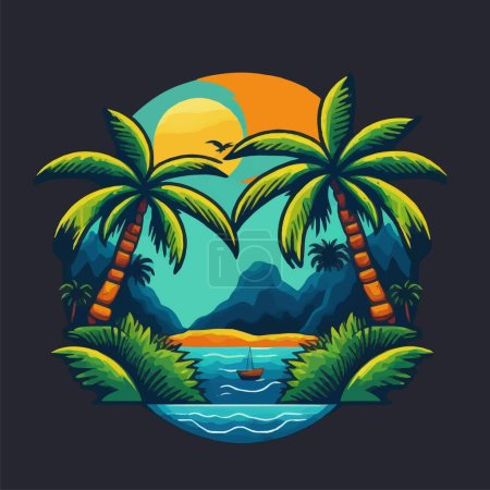Téléchargez les illustrations : Tropical Island Palms Logo Beach Travel Carte postale Rétro Mer Sable Océan Vacances d'été Coucher de soleil - en licence libre de droit