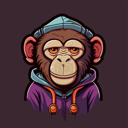Illustration of Monkey Head Face for mascot and logo. Geek Chimpanzee Icon Badge Poster